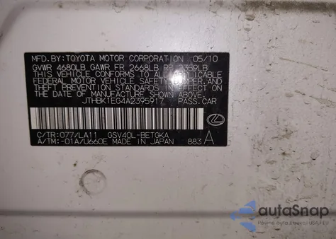 2010 Lexus Es 350 from USA, damaged, VIN JTHBK1EG4A2395917